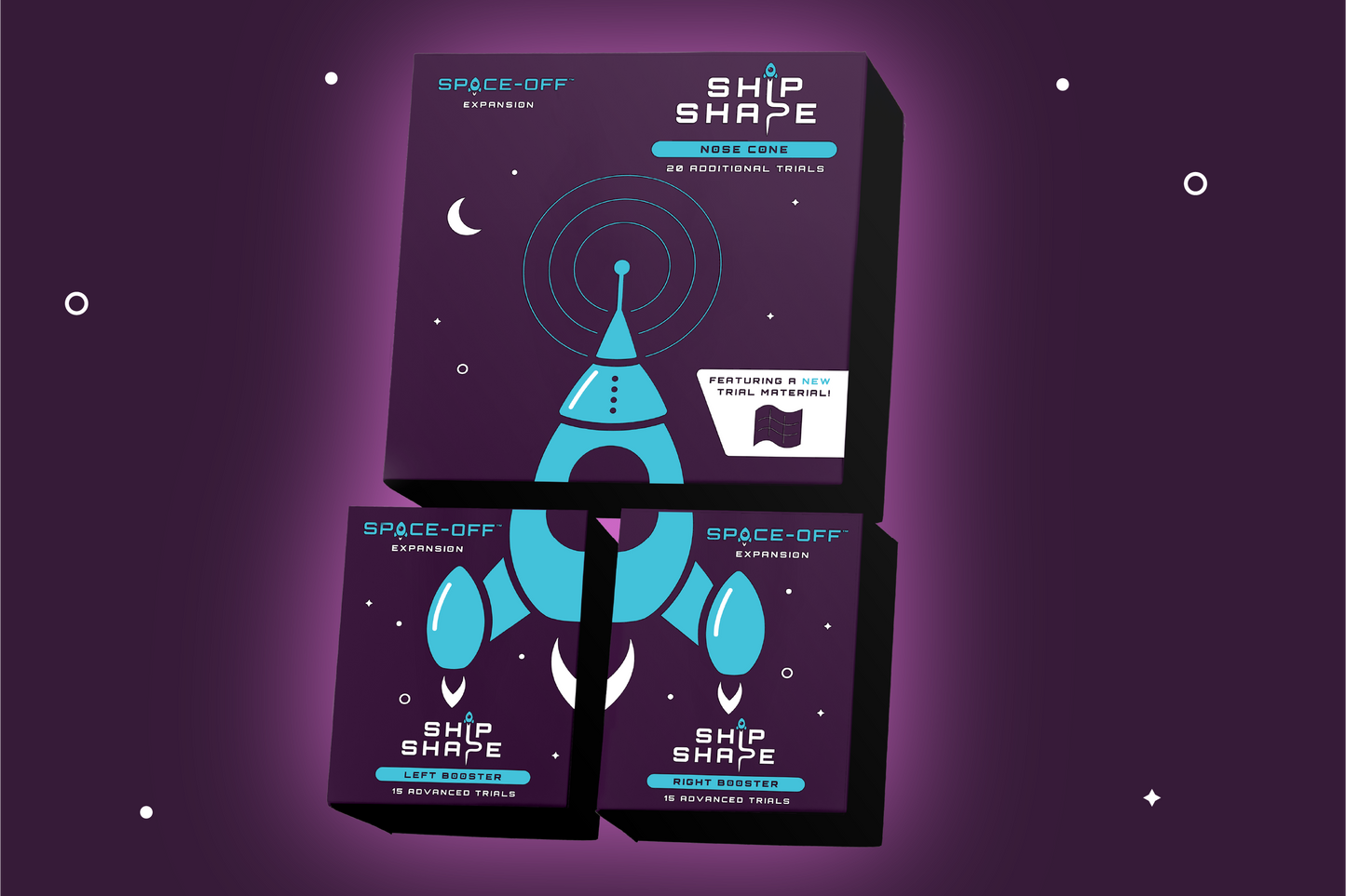 Three 'Ship Shape' product boxes on a purple background with space-themed design.