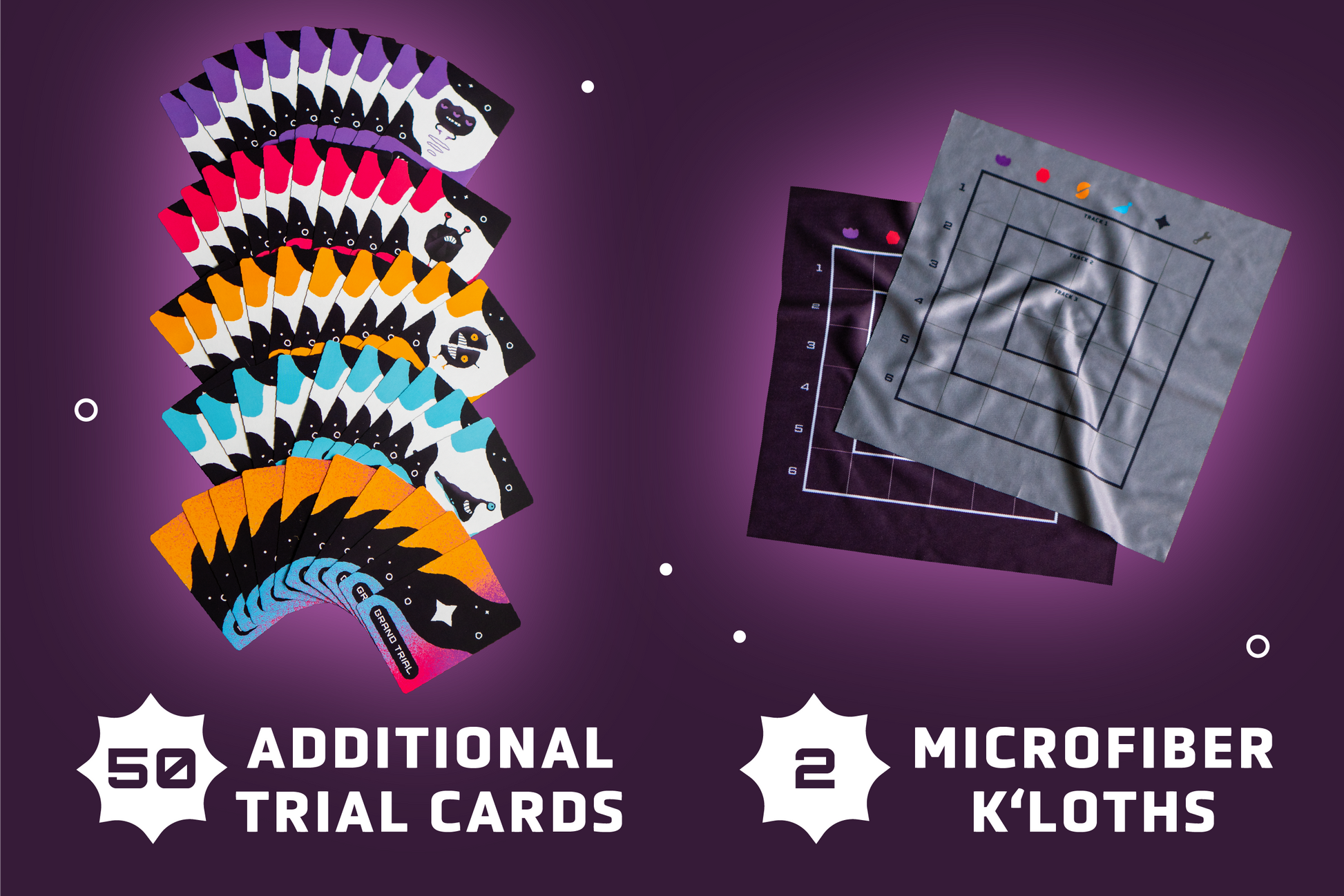 Stack of additional trial cards and two microfiber K'loths on a purple background